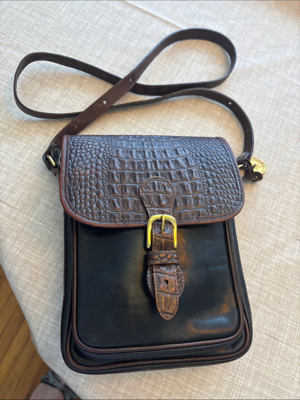 Brahmin Brown Croc-Embossed Flap Crossbody with Black Body